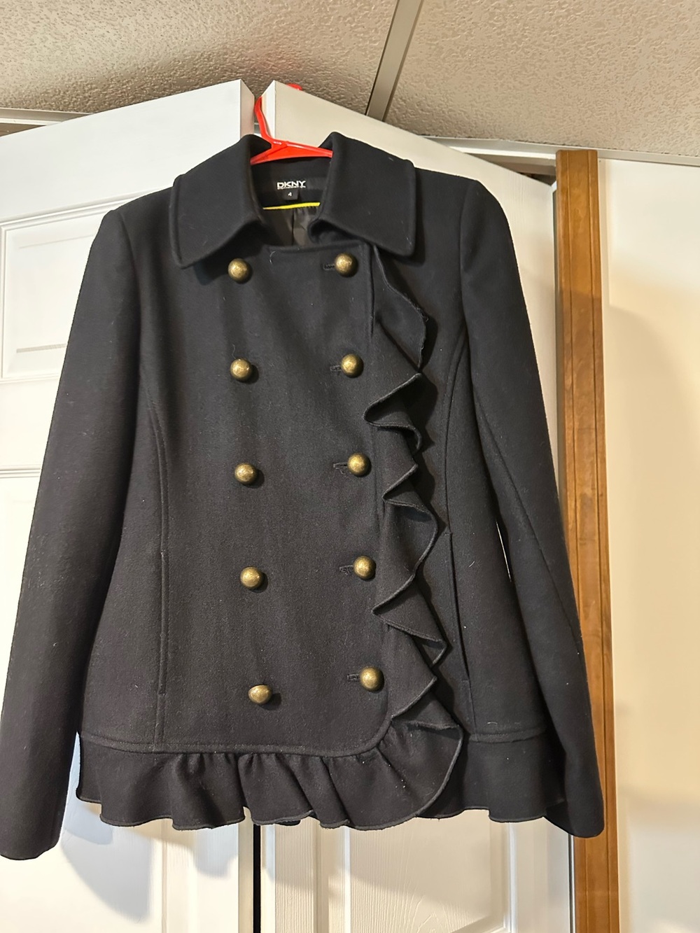 DKNY Black Double-Breasted Ruffle Wool Blend Peacoat